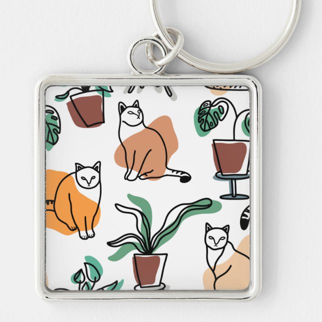 Line art drawing cats and flowers keychain (Front)