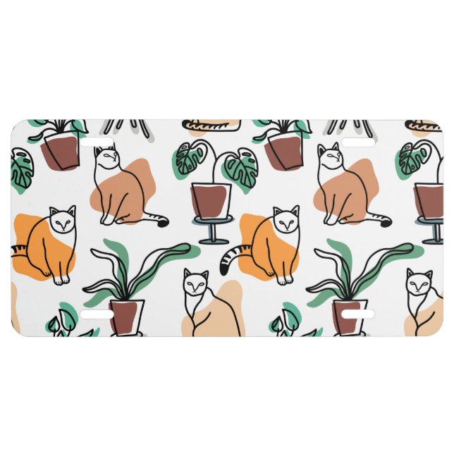 Line art drawing cats and flowers license plate (Front)