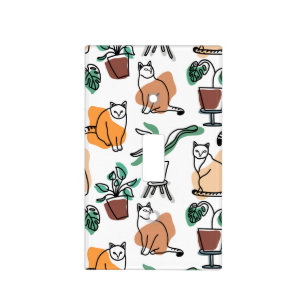 Line art drawing cats and flowers light switch cover