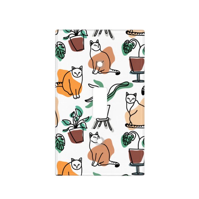 Line art drawing cats and flowers light switch cover (Front)