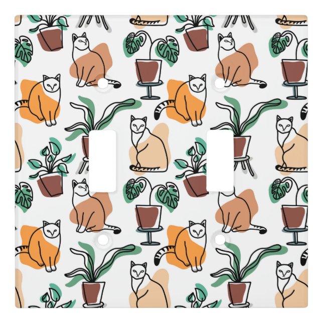 Line art drawing cats and flowers light switch cover (Front)