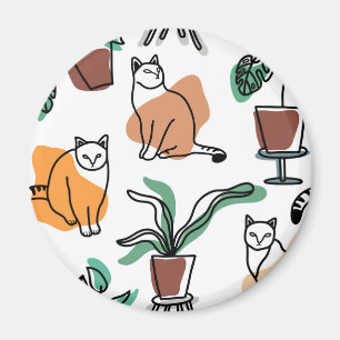 Line art drawing cats and flowers magnet