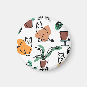 Line art drawing cats and flowers magnet
