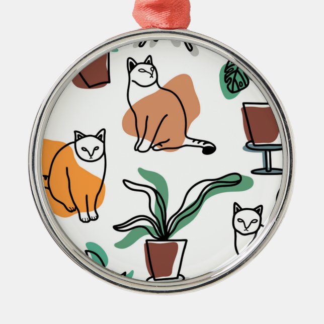 Line art drawing cats and flowers metal ornament (Front)