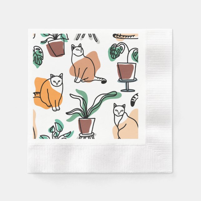 Line art drawing cats and flowers napkins (Front)