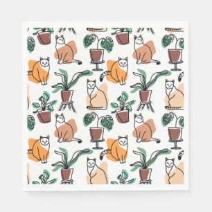 Line art drawing cats and flowers napkins