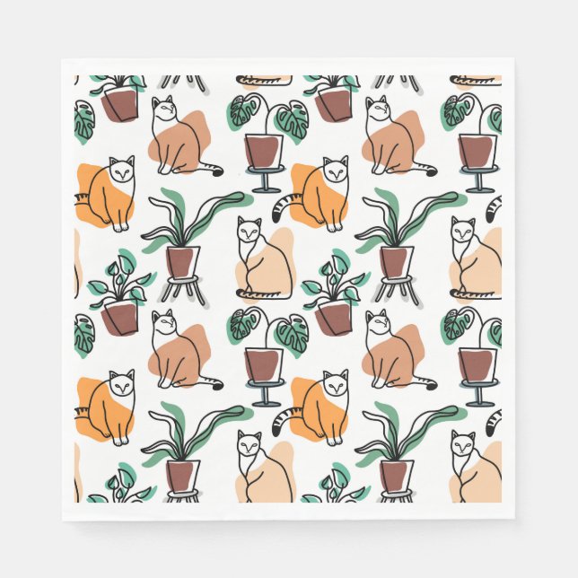 Line art drawing cats and flowers napkins (Front)