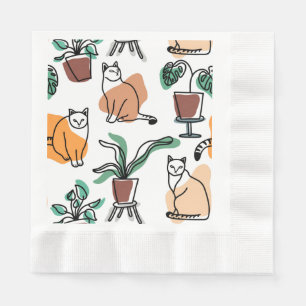 Line art drawing cats and flowers napkins
