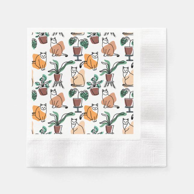 Line art drawing cats and flowers napkins (Front)