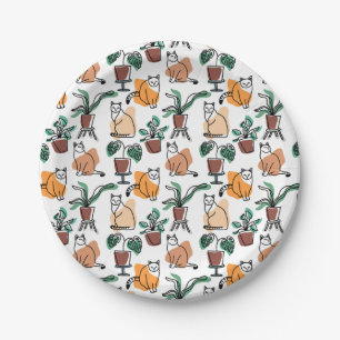 Line art drawing cats and flowers paper plates