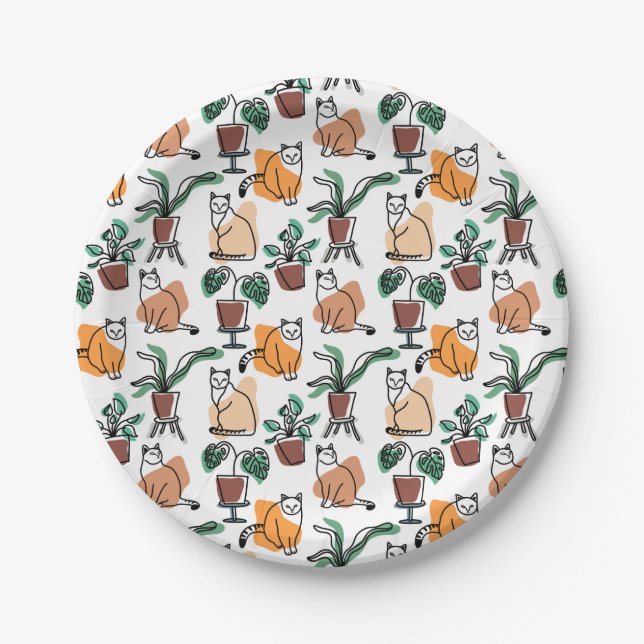 Line art drawing cats and flowers paper plates (Front)