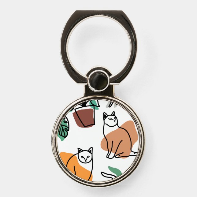 Line art drawing cats and flowers phone ring stand (Front)