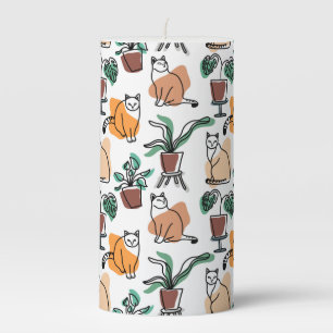 Line art drawing cats and flowers pillar candle