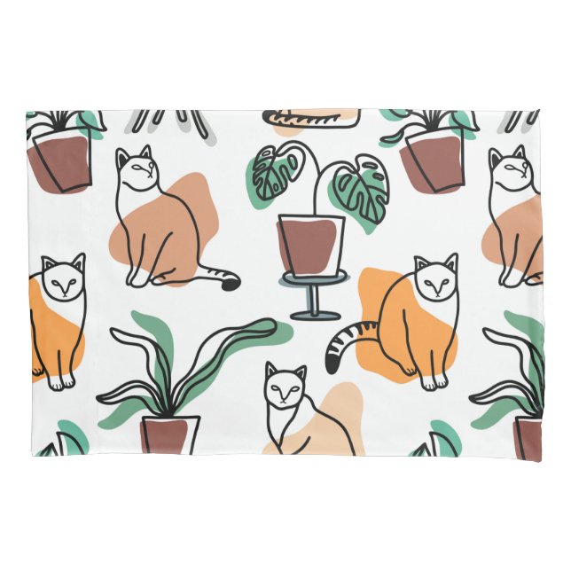Line art drawing cats and flowers pillow case (Front-Left)