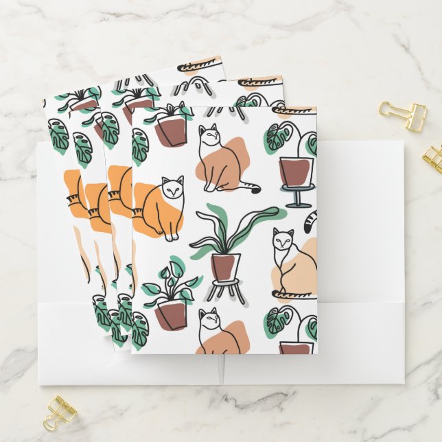 Line art drawing cats and flowers pocket folder (In Situ)