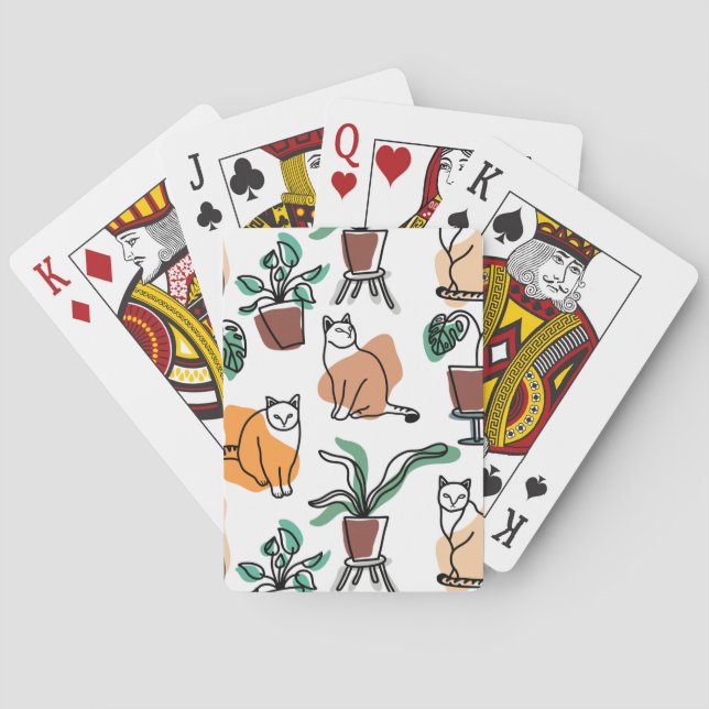 Line art drawing cats and flowers poker cards (Back)