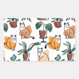 Line art drawing cats and flowers rectangular sticker