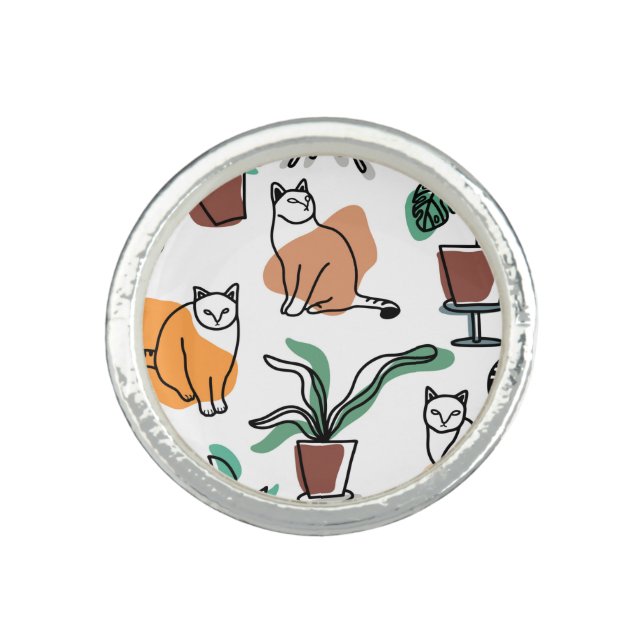 Line art drawing cats and flowers ring (Front)