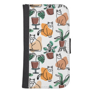 Line art drawing cats and flowers galaxy s4 wallet case