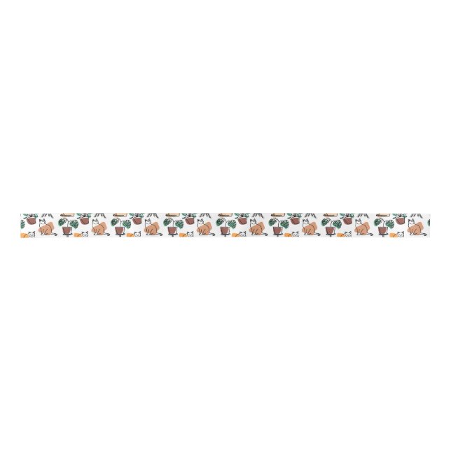 Line art drawing cats and flowers satin ribbon (Front)
