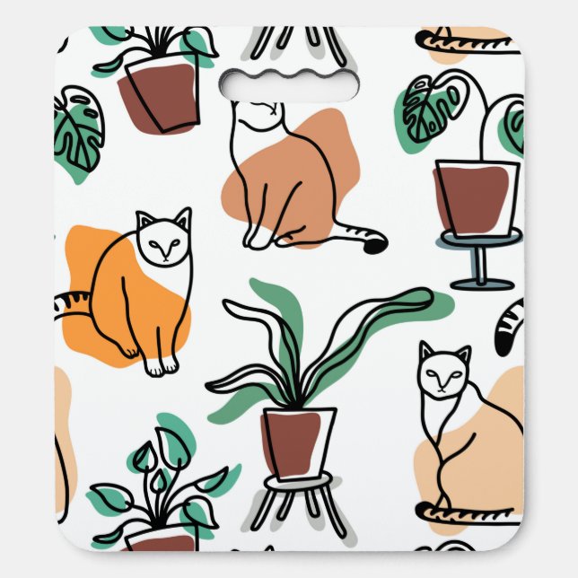 Line art drawing cats and flowers seat cushion (Front Vertical)