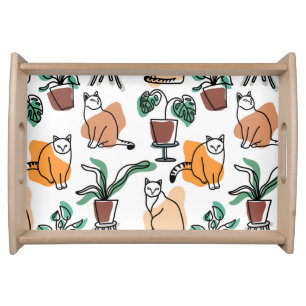 Line art drawing cats and flowers serving tray