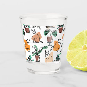 Line art drawing cats and flowers shot glass