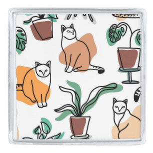 Line art drawing cats and flowers silver finish lapel pin