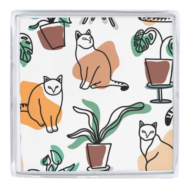 Line art drawing cats and flowers silver finish lapel pin (Front)