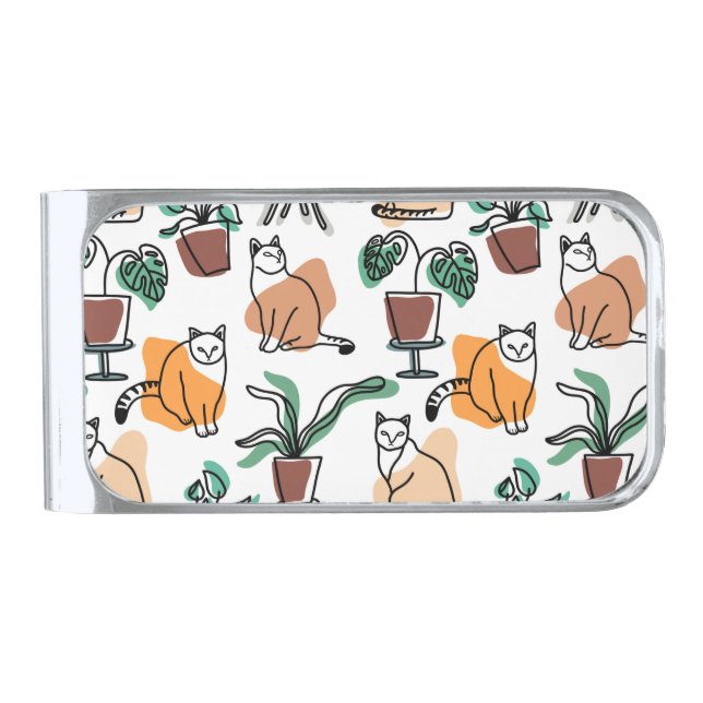 Line art drawing cats and flowers silver finish money clip (Front)