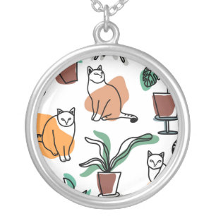 Line art drawing cats and flowers silver plated necklace