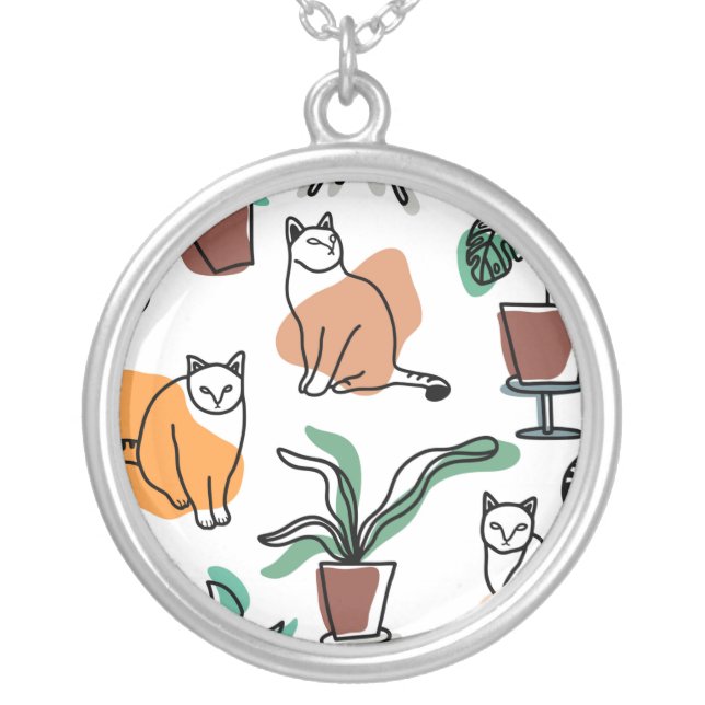 Line art drawing cats and flowers silver plated necklace (Front)