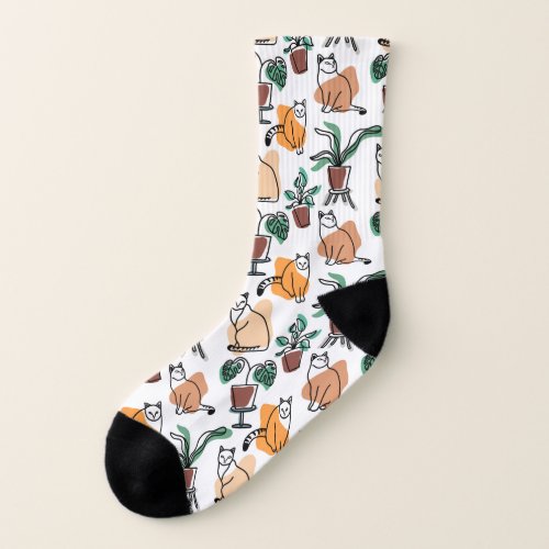 Line art drawing cats and flowers socks