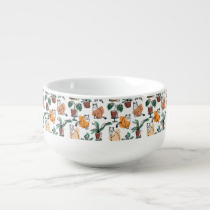 Line art drawing cats and flowers soup mug