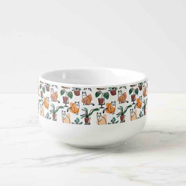 Line art drawing cats and flowers soup mug (Front)