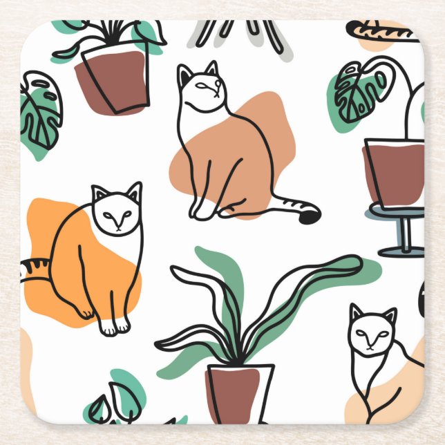 Line art drawing cats and flowers square paper coaster (Front)