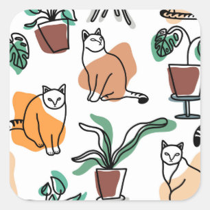 Line art drawing cats and flowers square sticker