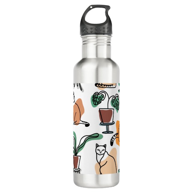 Line art drawing cats and flowers stainless steel water bottle (Front)