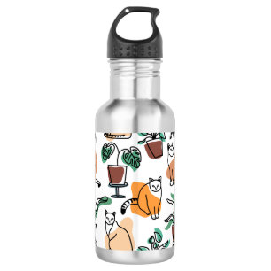 Line art drawing cats and flowers stainless steel water bottle