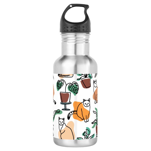 Line art drawing cats and flowers stainless steel water bottle (Front)