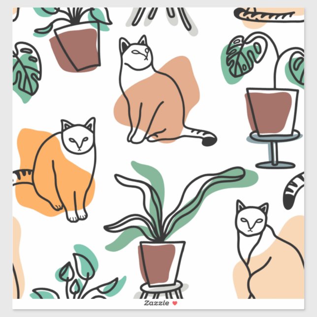 Line art drawing cats and flowers sticker (Sheet)