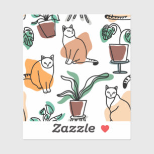 Line art drawing cats and flowers sticker