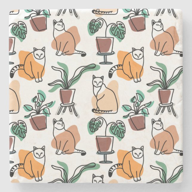 Line art drawing cats and flowers stone coaster (Front)
