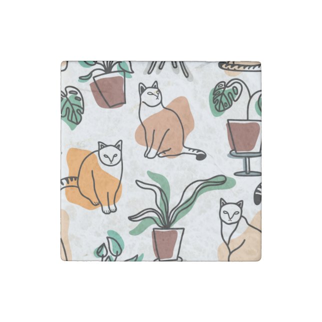 Line art drawing cats and flowers stone magnet (Front)
