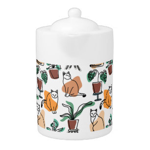 Line art drawing cats and flowers teapot