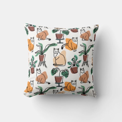 Line art drawing cats and flowers throw pillow