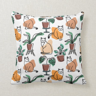 Line art drawing cats and flowers throw pillow