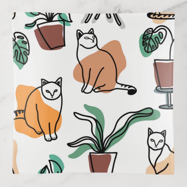 Line art drawing cats and flowers trinket tray (Front)