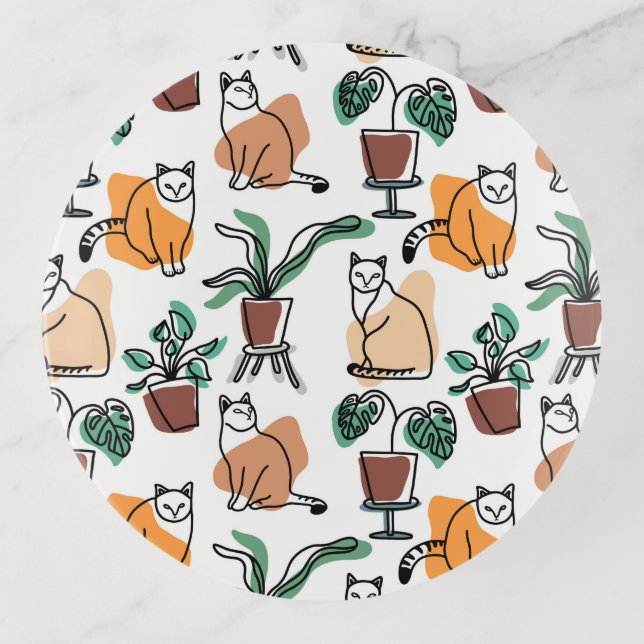 Line art drawing cats and flowers trinket tray (Front)