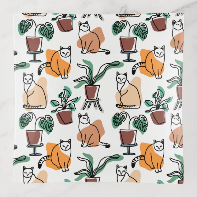 Line art drawing cats and flowers trinket tray (Front)